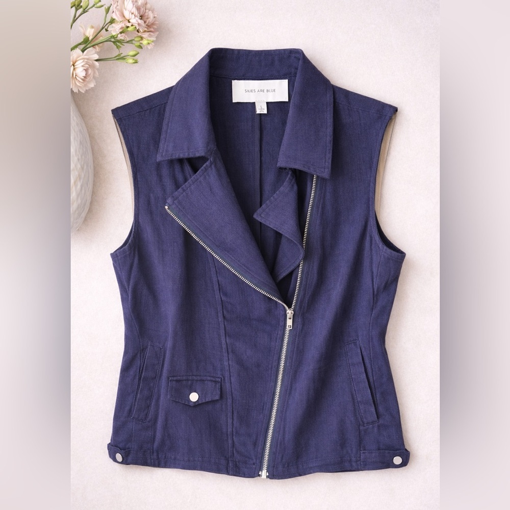 Anthropologie Skies Are Blue Navy Moto Vest Sleeveless Zip Jacket, Large